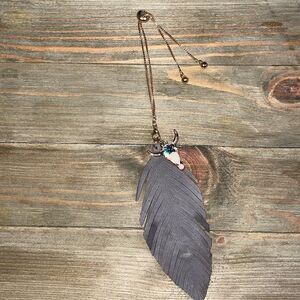 Delicate Western Gold Bracelet Grey Leather Dangle Feather & Cow Skull Charm